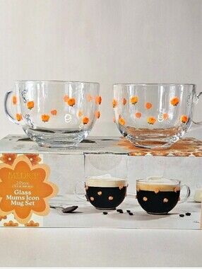 Medici Glass Mums Icon Mug Set - Orange Floral Dots, Perfect For Fall